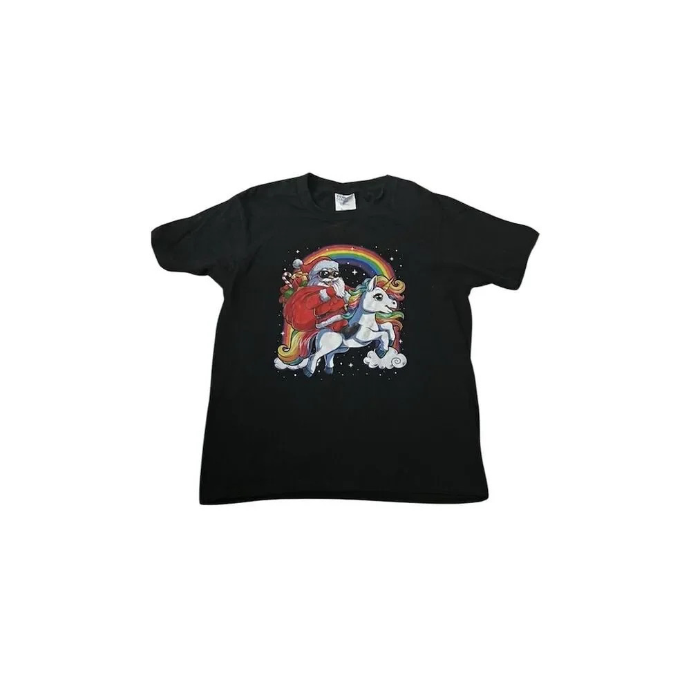 Christmas Santa Riding Unicorn T-Shirt Unisex Holiday Graphic Tee Black
#073